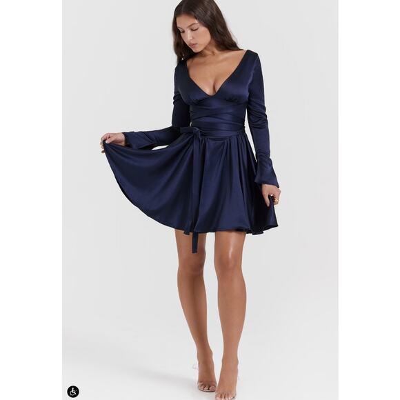 House of CB Dress Small Plus Cup Dominique Navy Plunge Mini Blue Satin Flirty - Picture 1 of 15